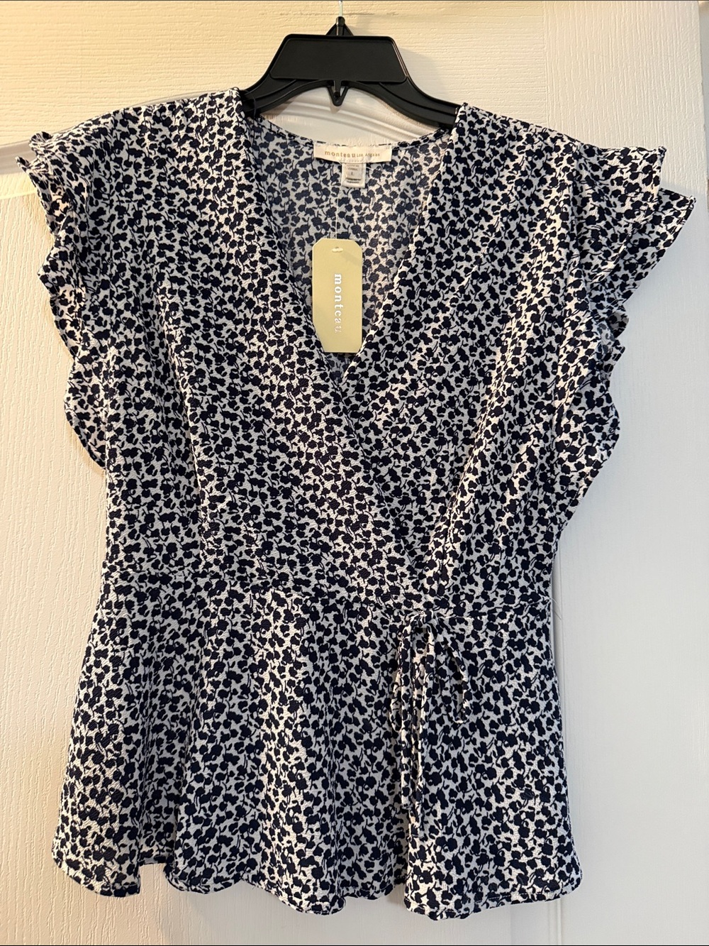 Monteau Navy Floral Wrap Blouse with Flutter Sleeves